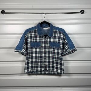 Christopher & Banks Womens Medium Plaid Denim Mix Button Front Shirt Green Blue